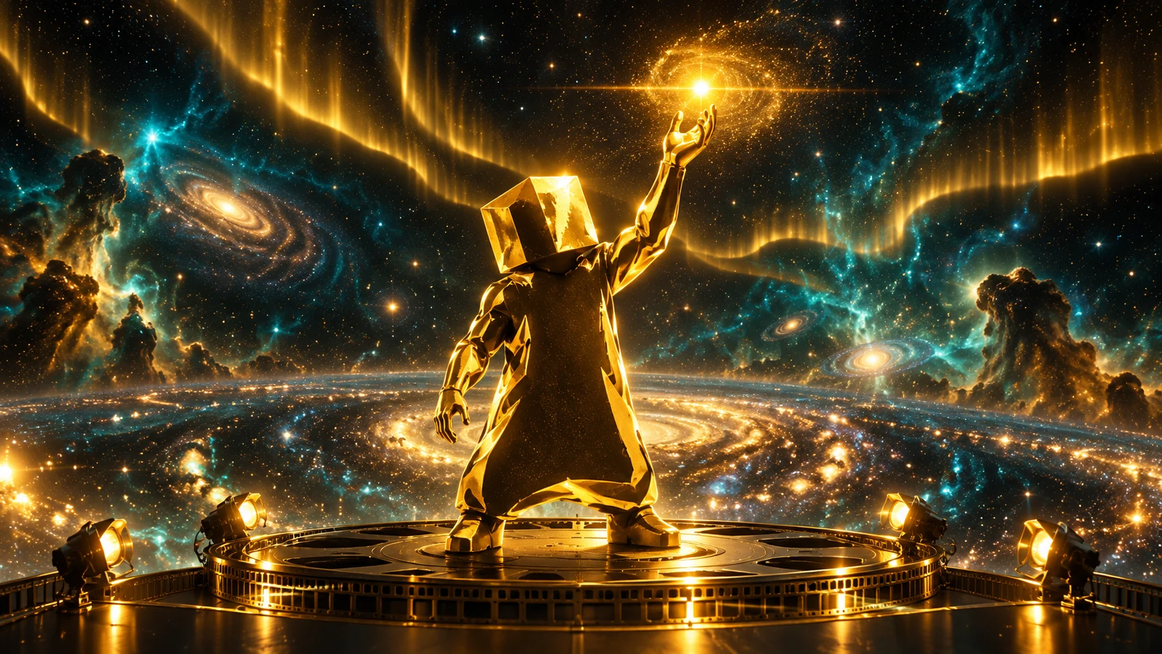 Cubeman: constellation, a cinematic vision in gold and teal