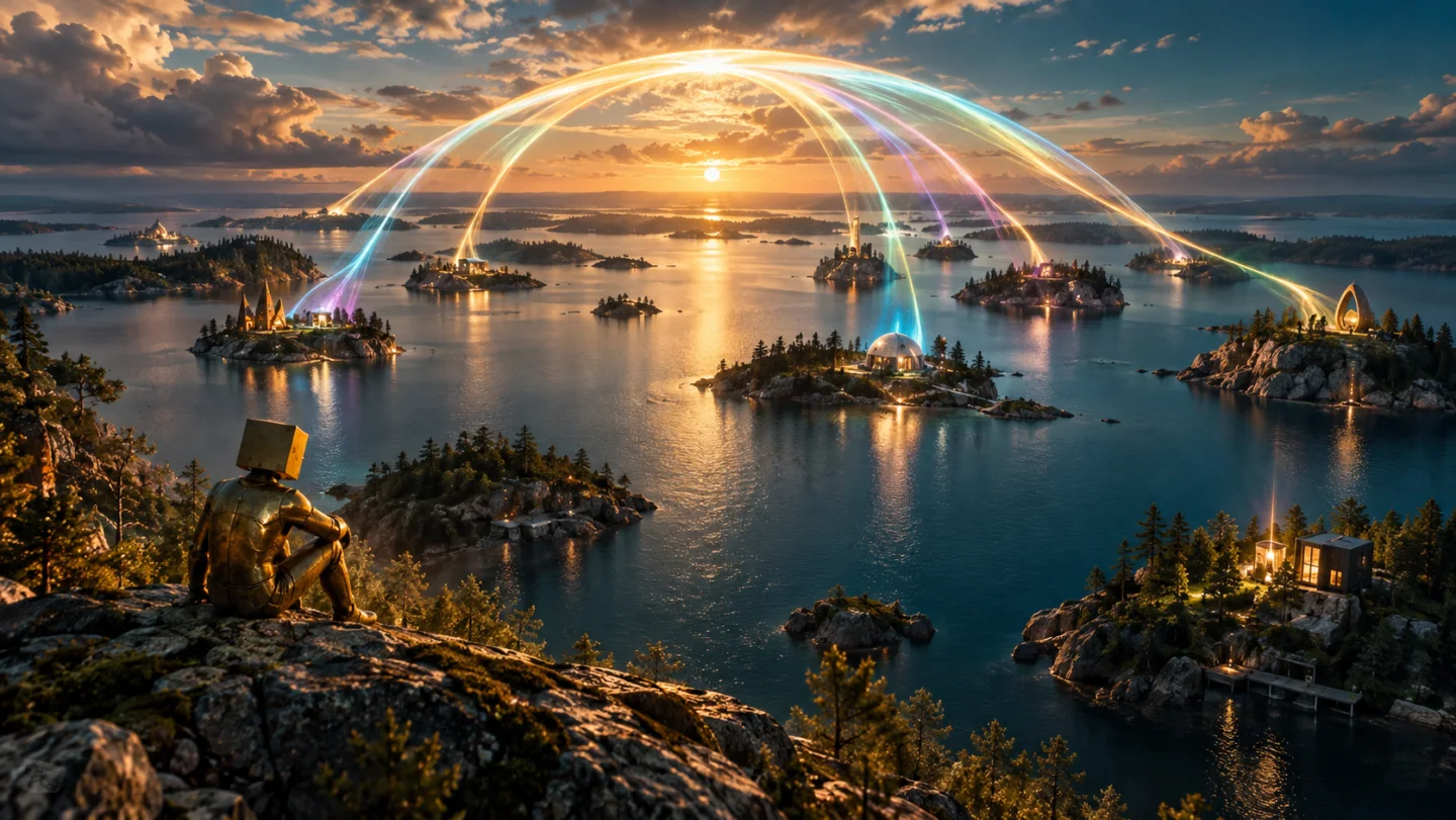 An arc of light connects communities across floating islands