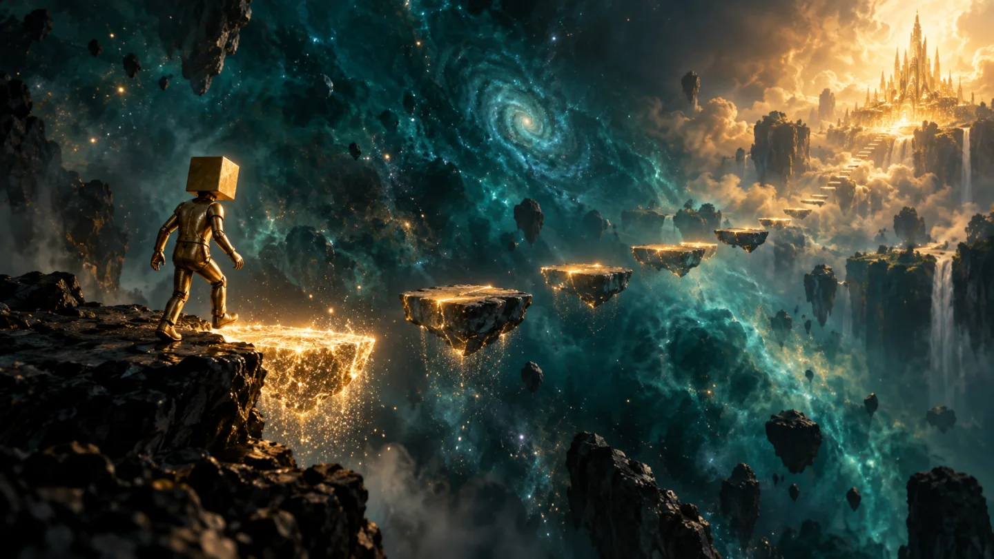 Cubeman steps onto a path of light across an unexplored landscape