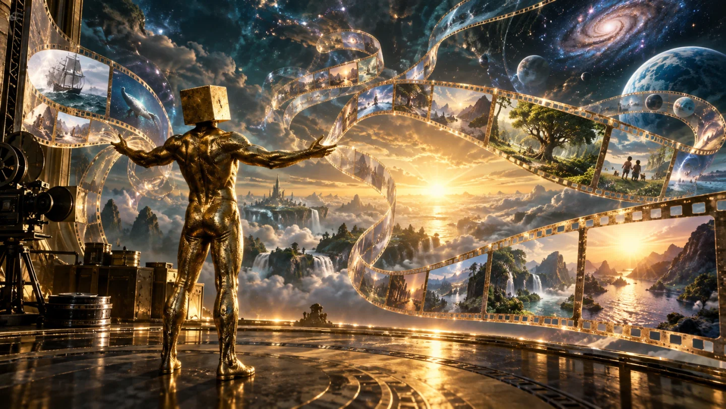 A cosmic film set built from luminous worlds and ribbons of film